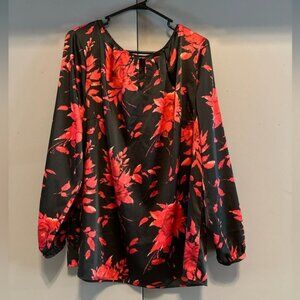 Talbots -  Black Blouse with Red Floral Accents (Size 1X)